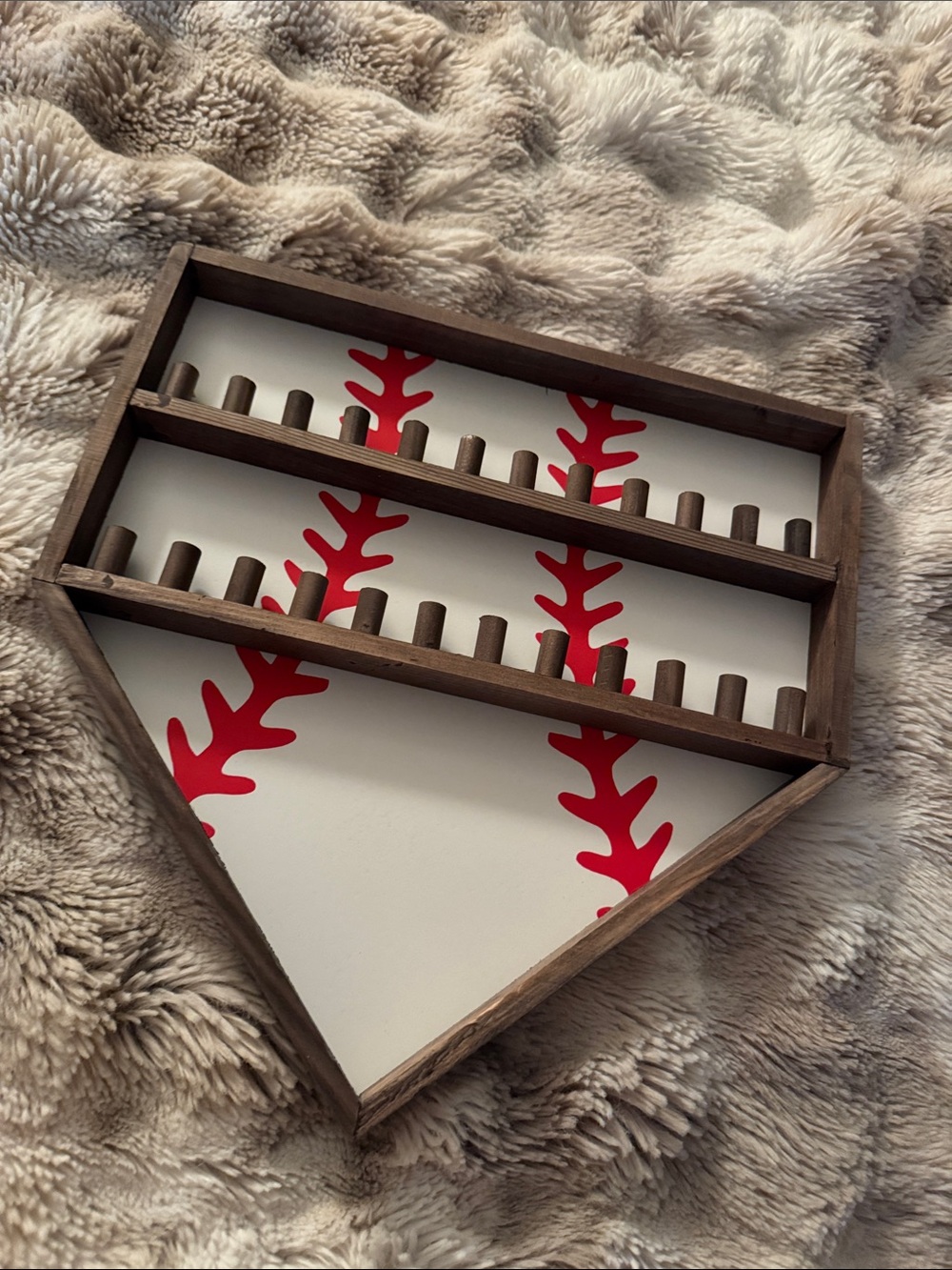 Wooden Home Plate Wall Shelf with Red Baseball Stitch Detail for hanging medals